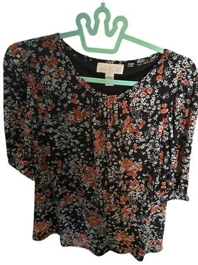 Women's Black Floral Scoop Neck Blouse with Orange Flowers